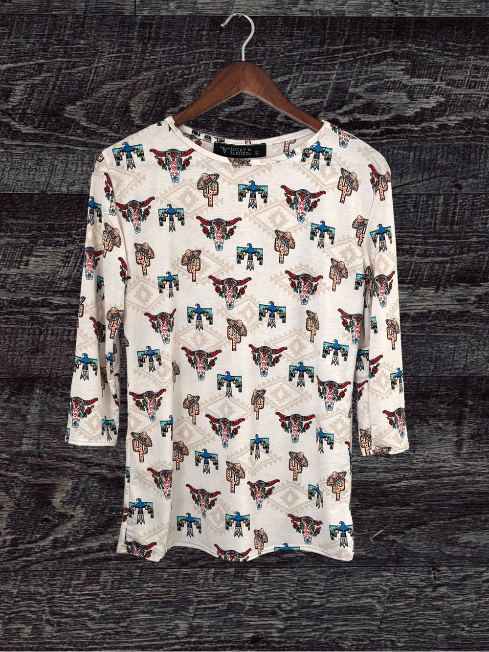 Lucky & Blessed White Southwestern Skull Print 3/4 Sleeve Tee